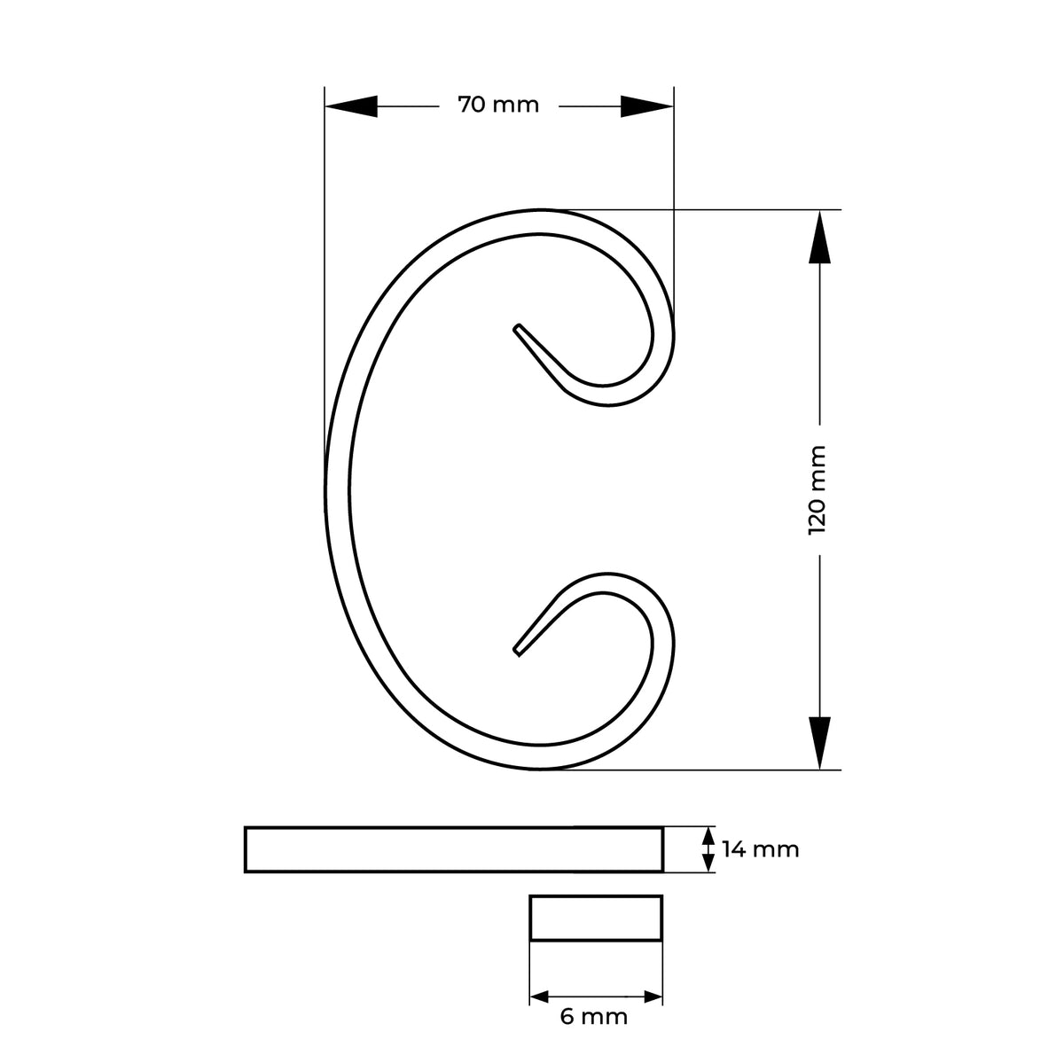 Riccio a C in ferro battuto in sezione piatta 105x70 mm ≠ 12x6 mm