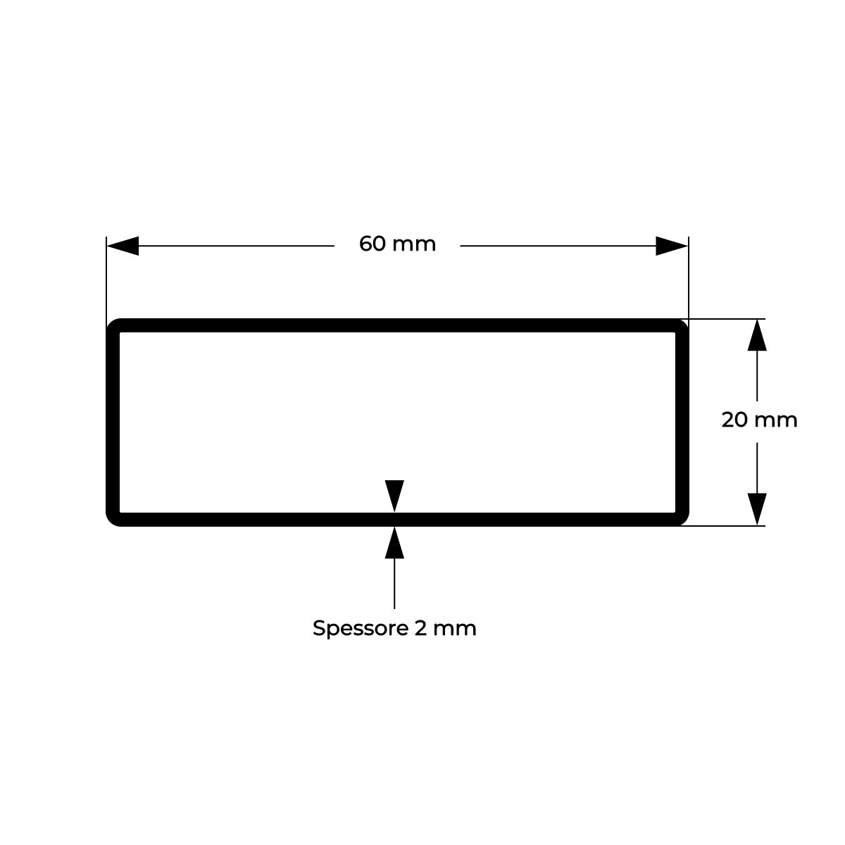Tubolare tubo rettangolare in ferro liscio grezzo - 60x20x2 mm
